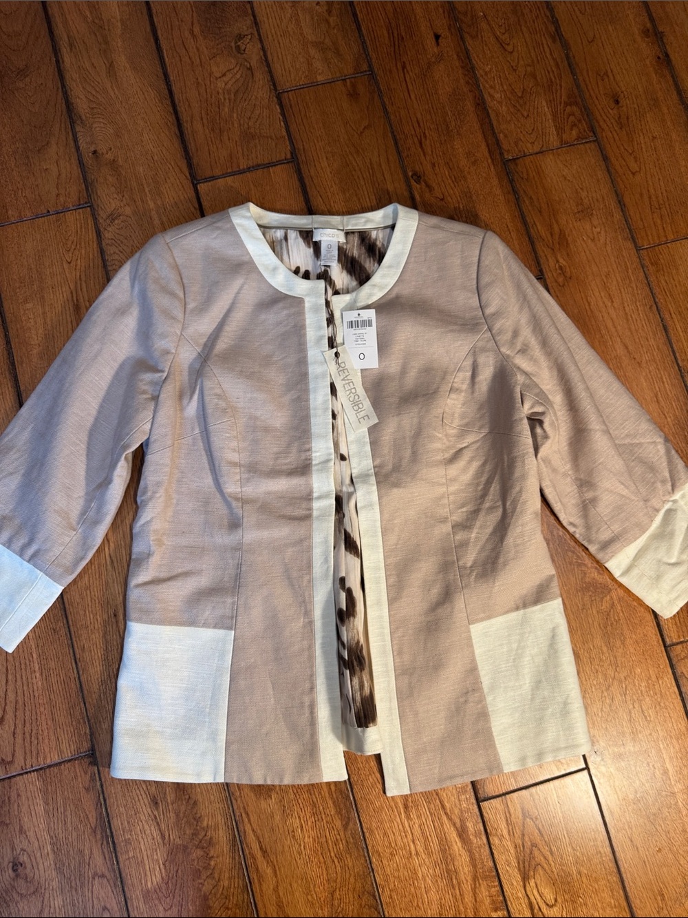 Chico's Reversible Open-Front Jacket in Light Taupe and Cream NWT